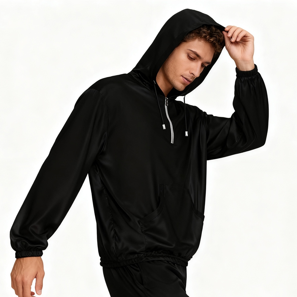 Men's 100% Pure Mulberry Silk Charmeuse Hooded T-Shirt Long Sleeve