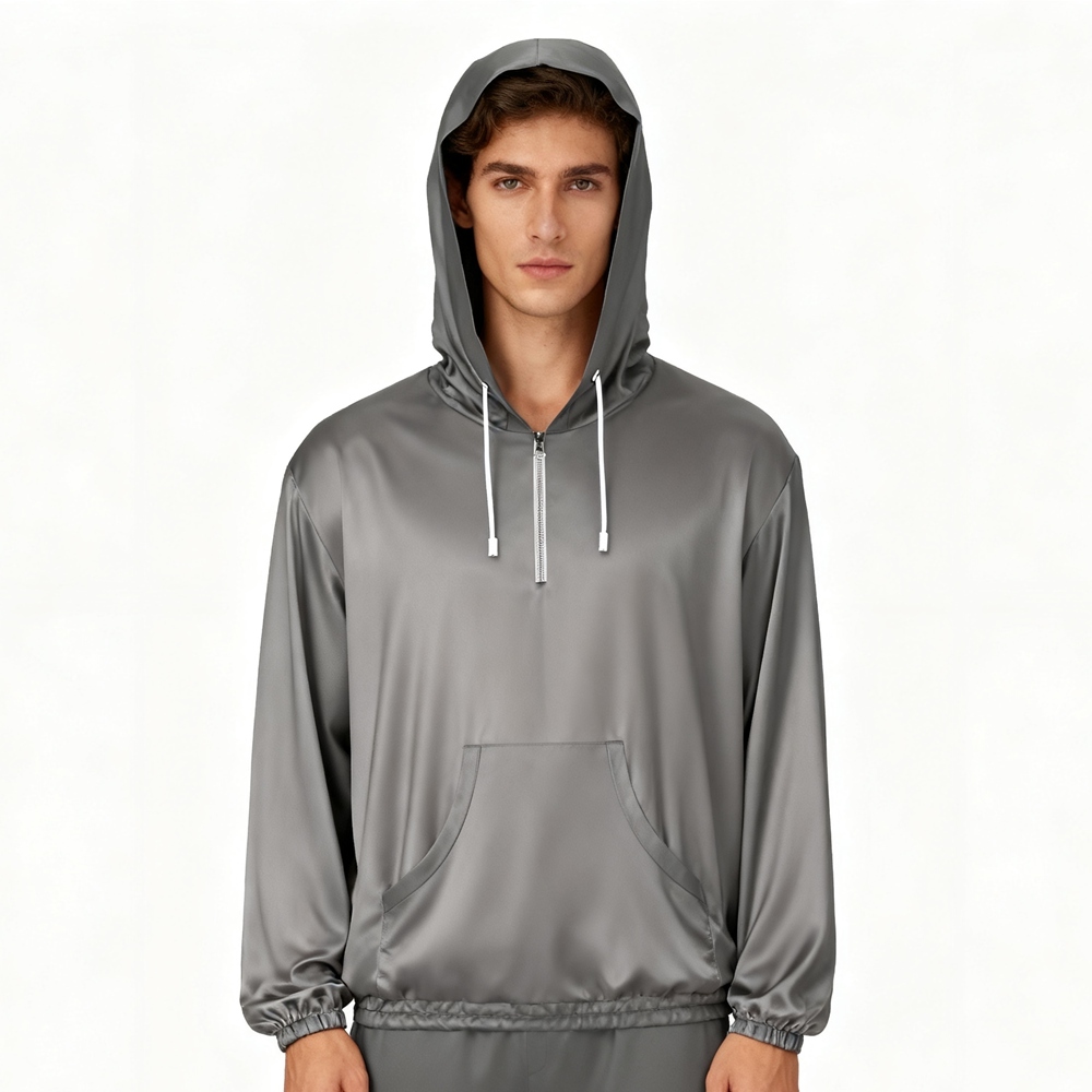Men's 100% Pure Mulberry Silk Charmeuse Hooded T-Shirt Long Sleeve