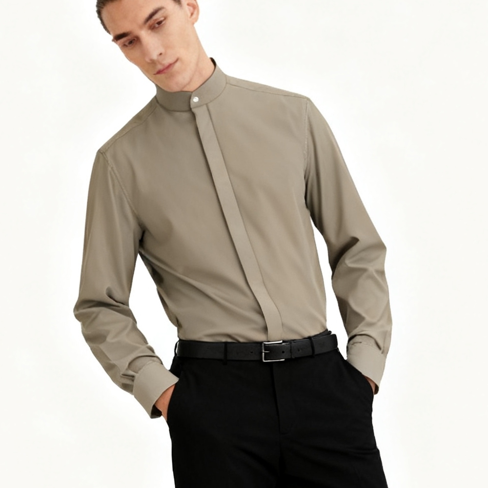 100% Mulberry Silk Crepe De Chine Long Sleeve Stand Collar Shirt