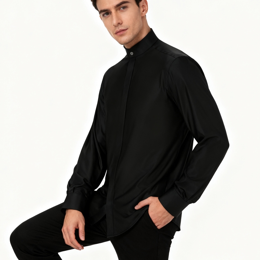 100% Mulberry Silk Crepe De Chine Long Sleeve Stand Collar Shirt