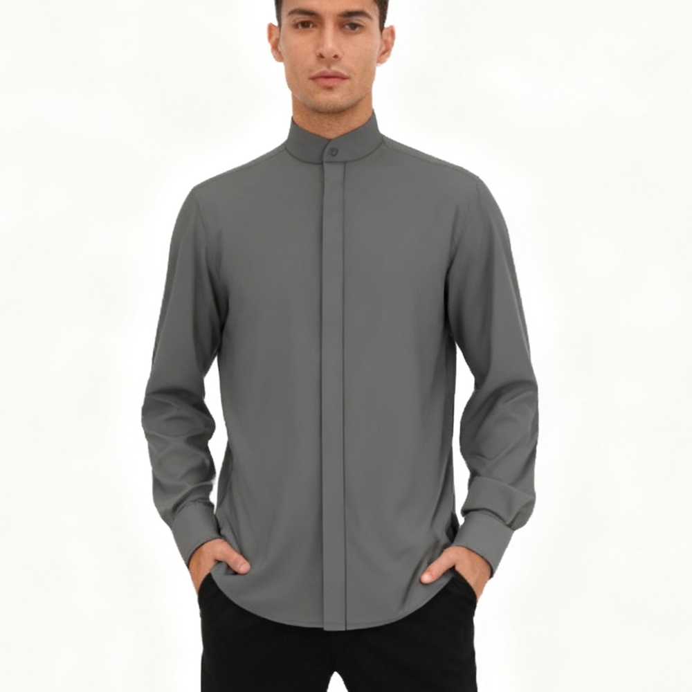 100% Mulberry Silk Crepe De Chine Long Sleeve Stand Collar Shirt