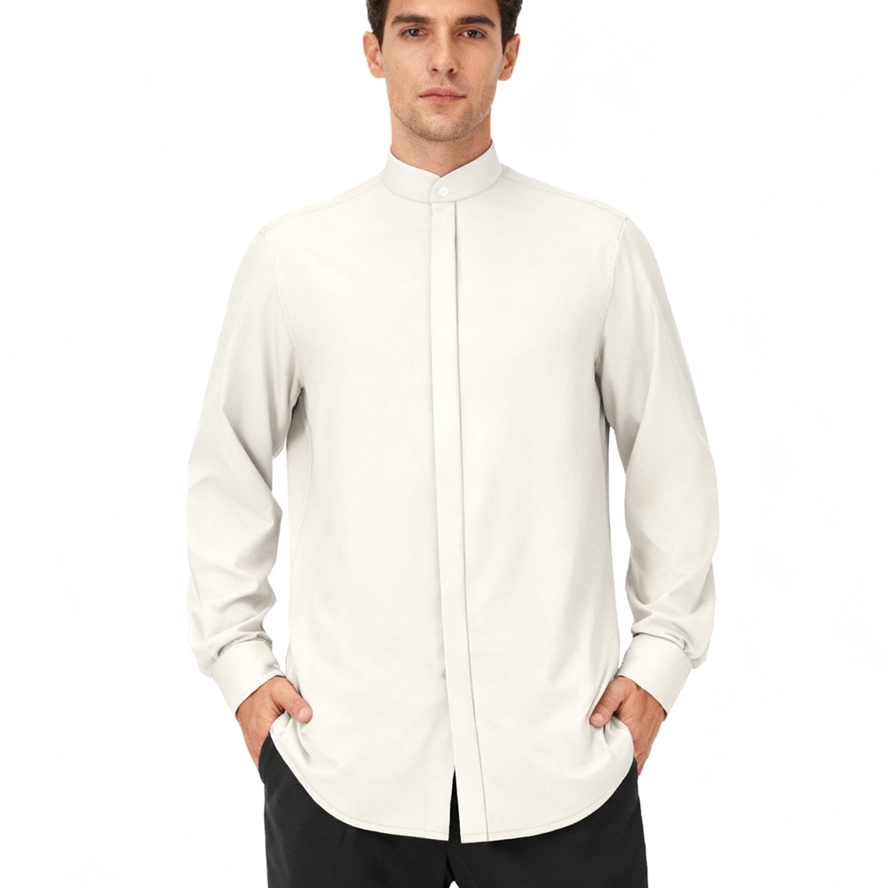 100% Mulberry Silk Crepe De Chine Long Sleeve Stand Collar Shirt