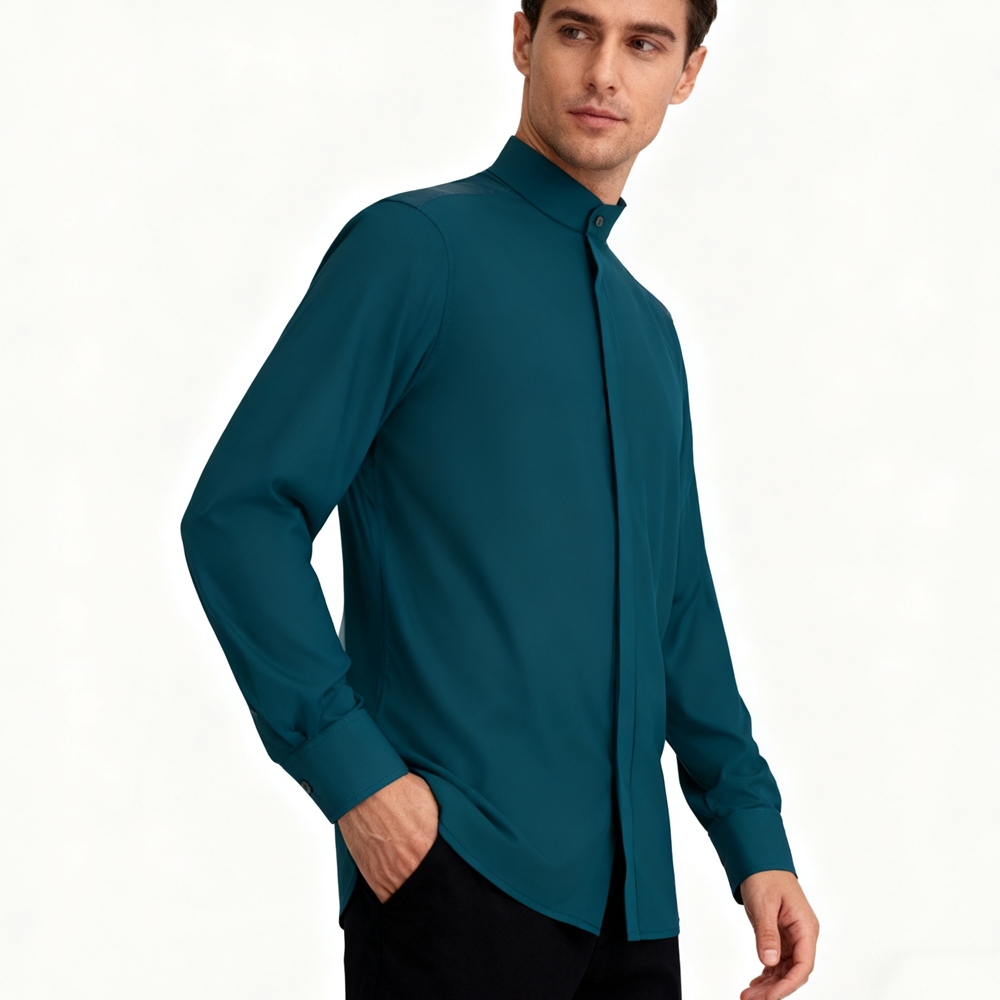 100% Mulberry Silk Crepe De Chine Long Sleeve Stand Collar Shirt