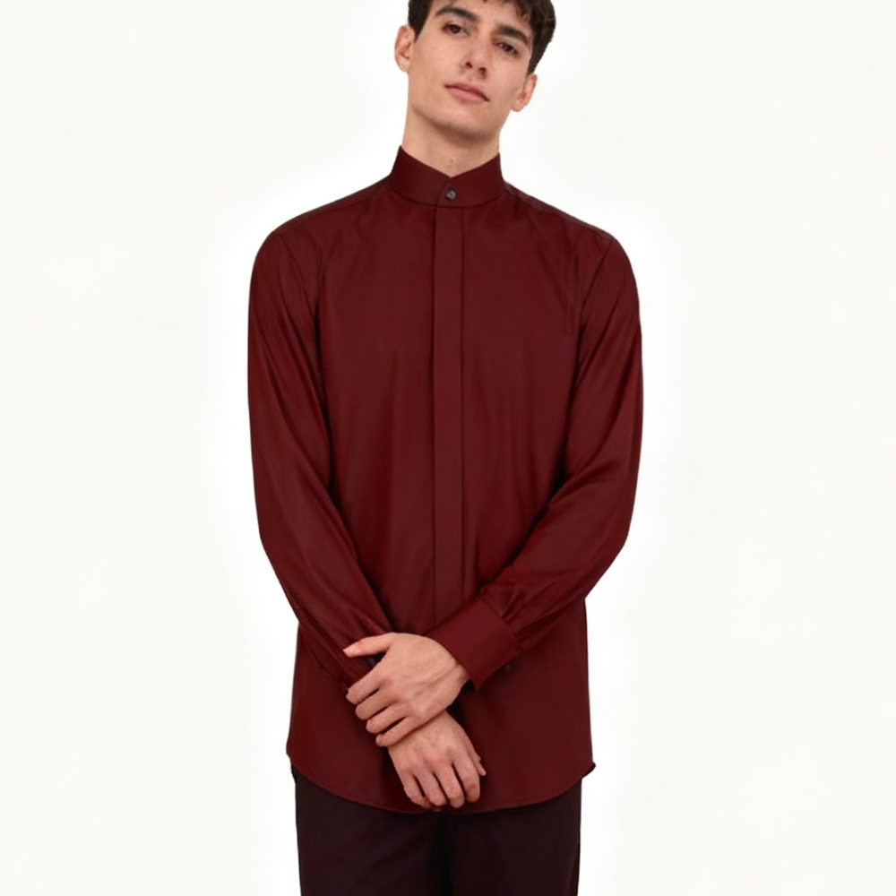 100% Mulberry Silk Crepe De Chine Long Sleeve Stand Collar Shirt