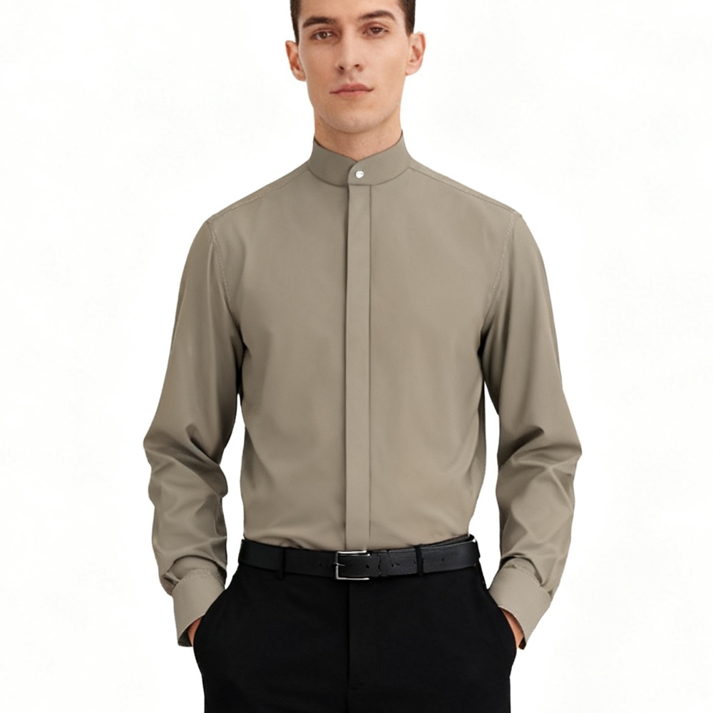 100% Mulberry Silk Crepe De Chine Long Sleeve Stand Collar Shirt