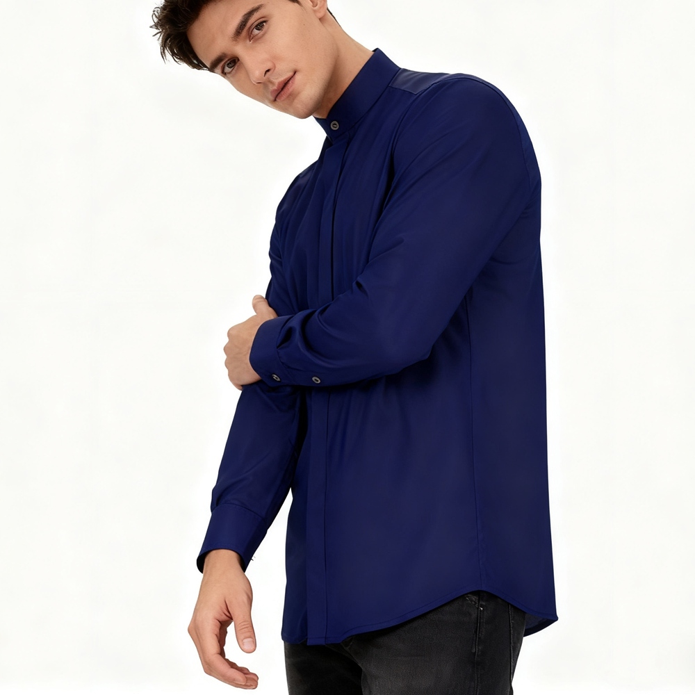 100% Mulberry Silk Crepe De Chine Long Sleeve Stand Collar Shirt