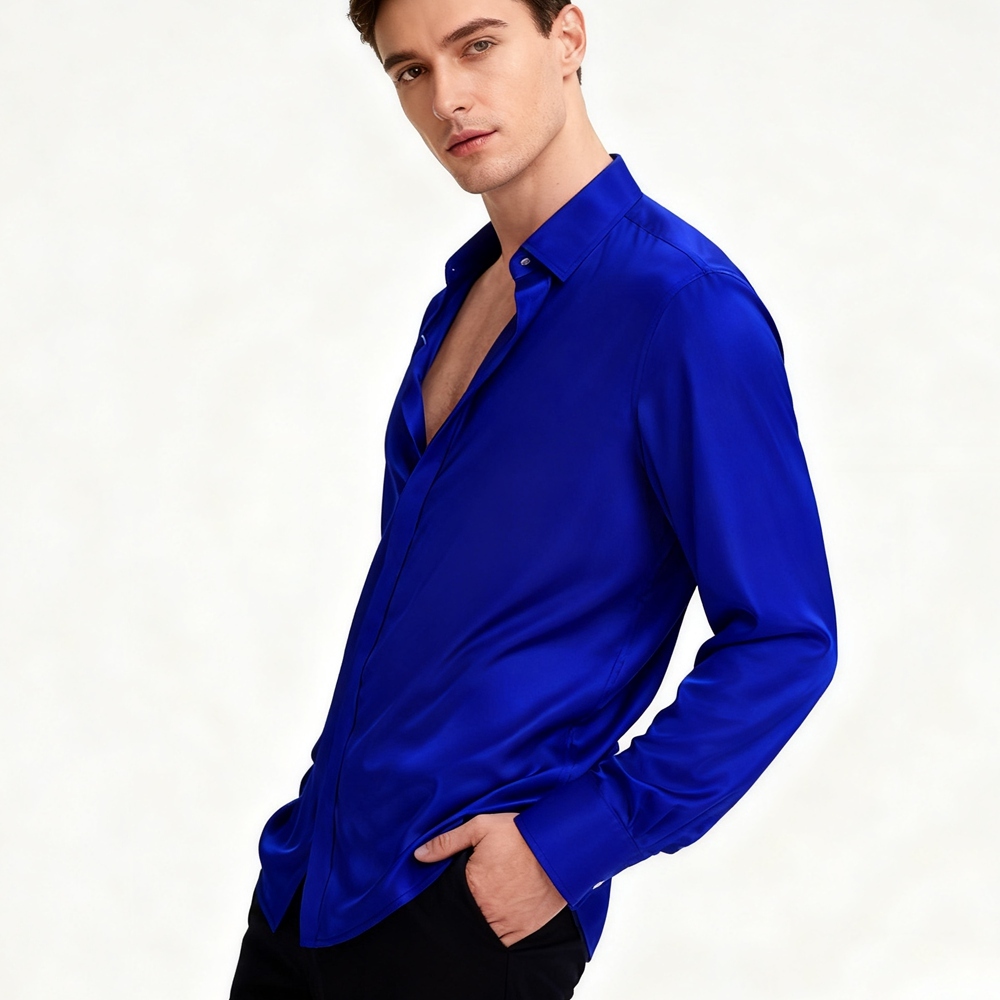 Men's 100% Silk Hidden Button Down Collar Dress Shirt Long Sleeve