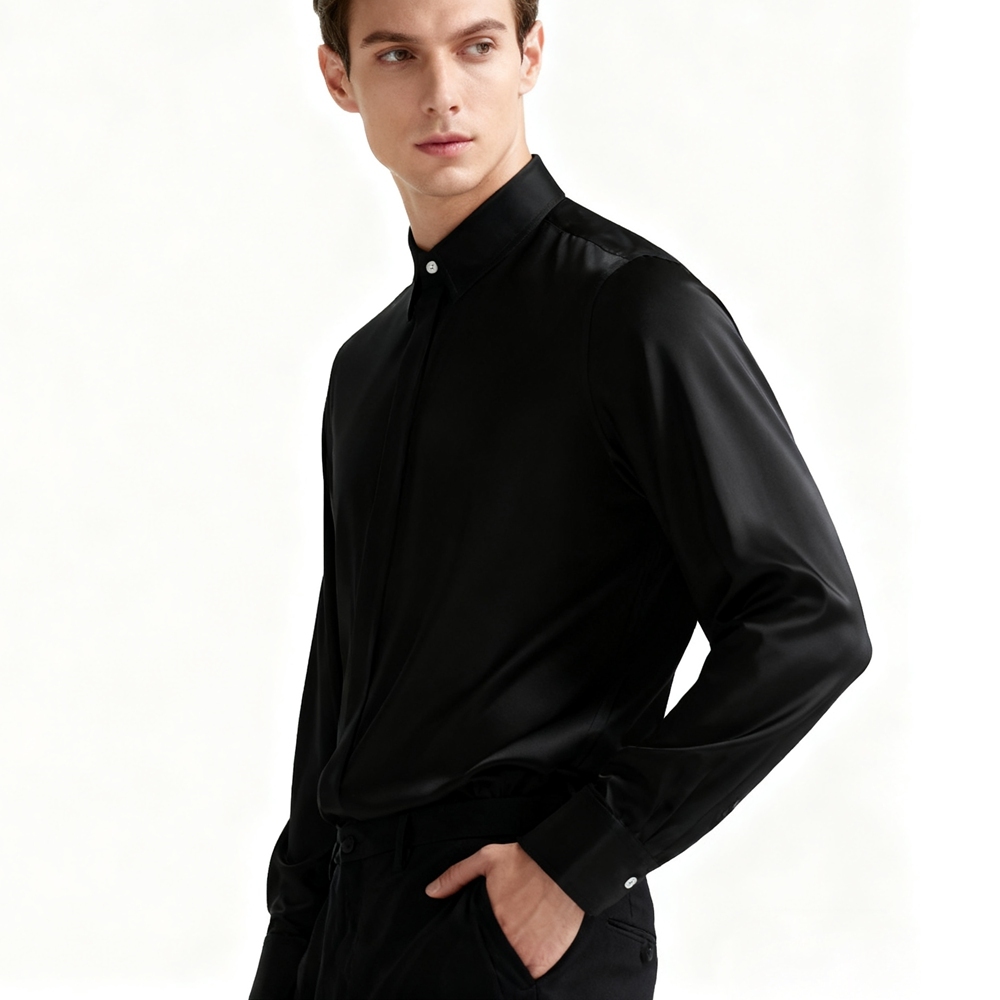 Men's 100% Silk Hidden Button Down Collar Dress Shirt Long Sleeve