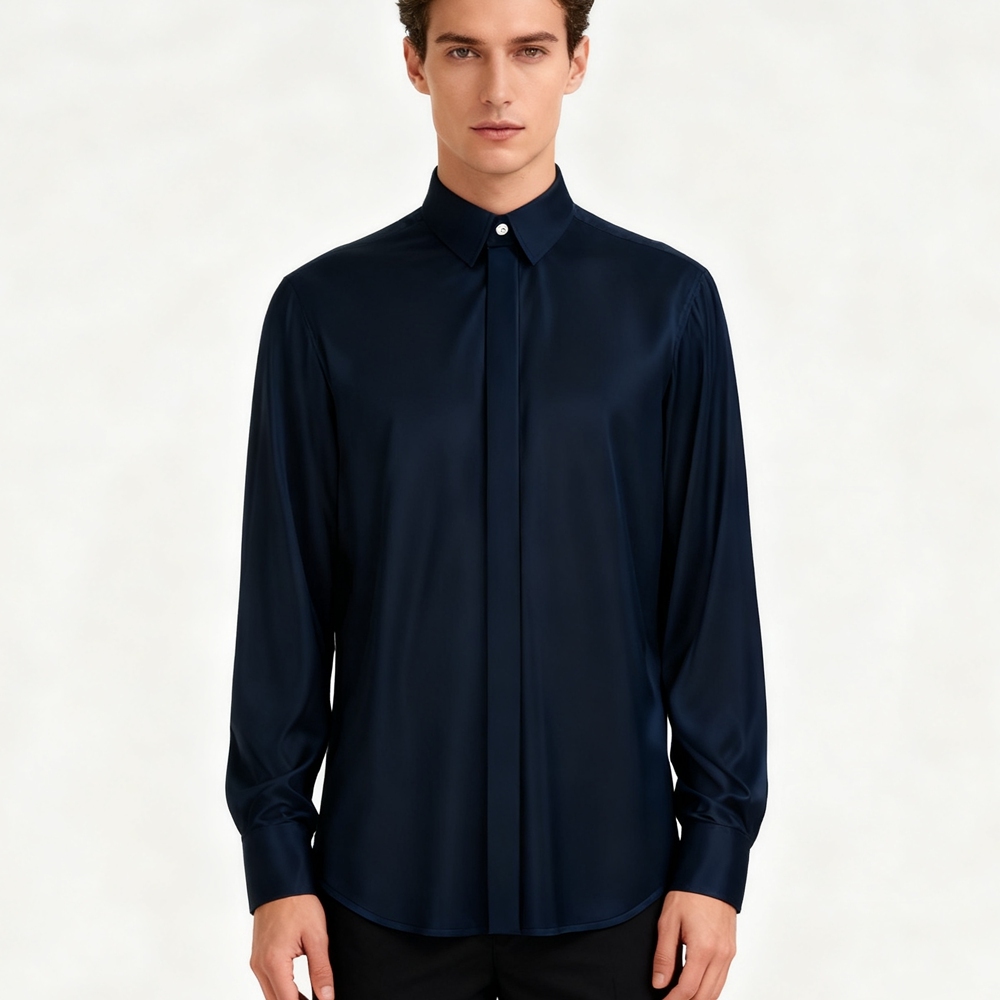 Men's 100% Silk Hidden Button Down Collar Dress Shirt Long Sleeve