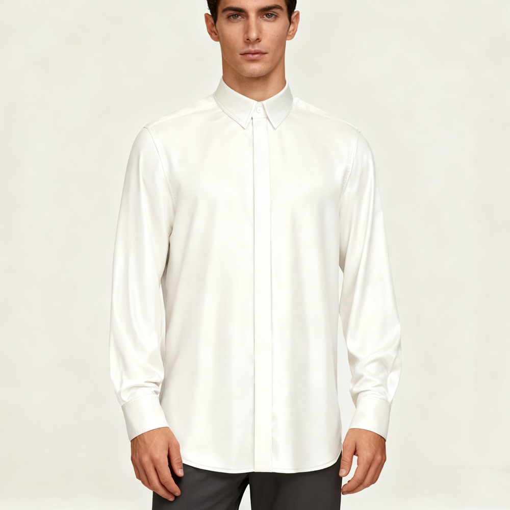 Men's 100% Silk Hidden Button Down Collar Dress Shirt Long Sleeve