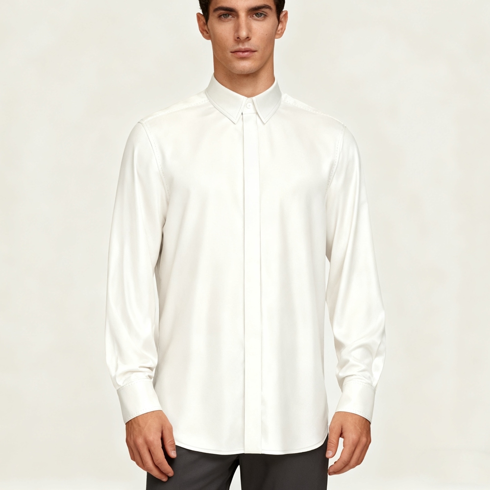 Men's 100% Silk Hidden Button Down Collar Dress Shirt Long Sleeve