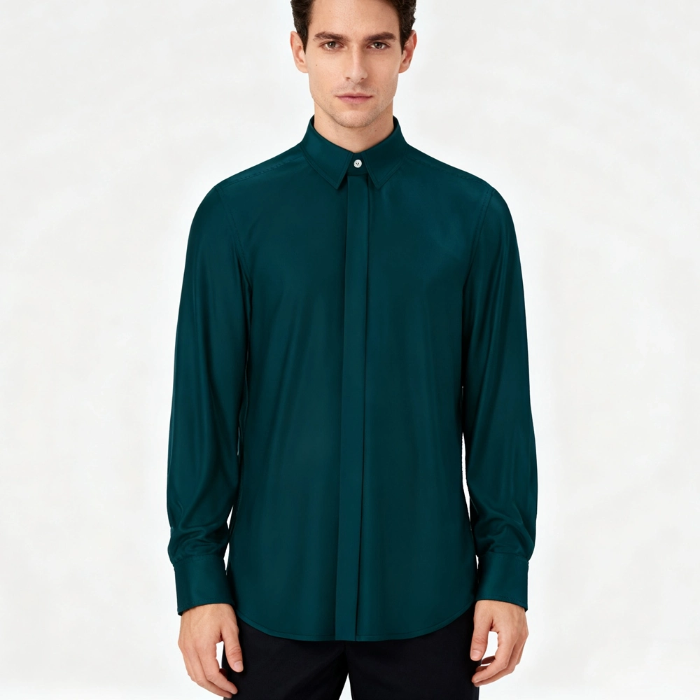 dark green dress shirt nearby Modern Fit Non-Iron Sateen Dress Shirt | Bellissimo | Tip Top Tailors main image 0