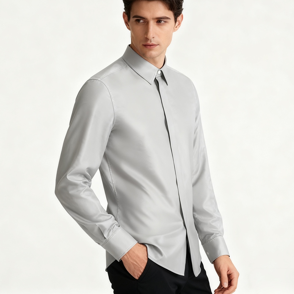 Men's 100% Silk Hidden Button Down Collar Dress Shirt Long Sleeve