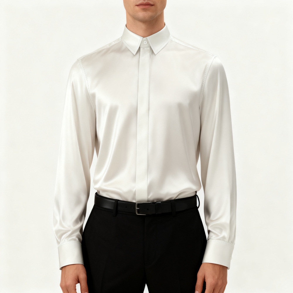 Men's 100% Silk Hidden Button Down Collar Dress Shirt Long Sleeve