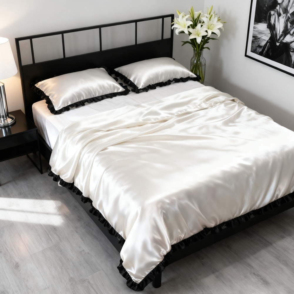 Silk Duvet Cover Set With Contrast Color Ruffled Edge