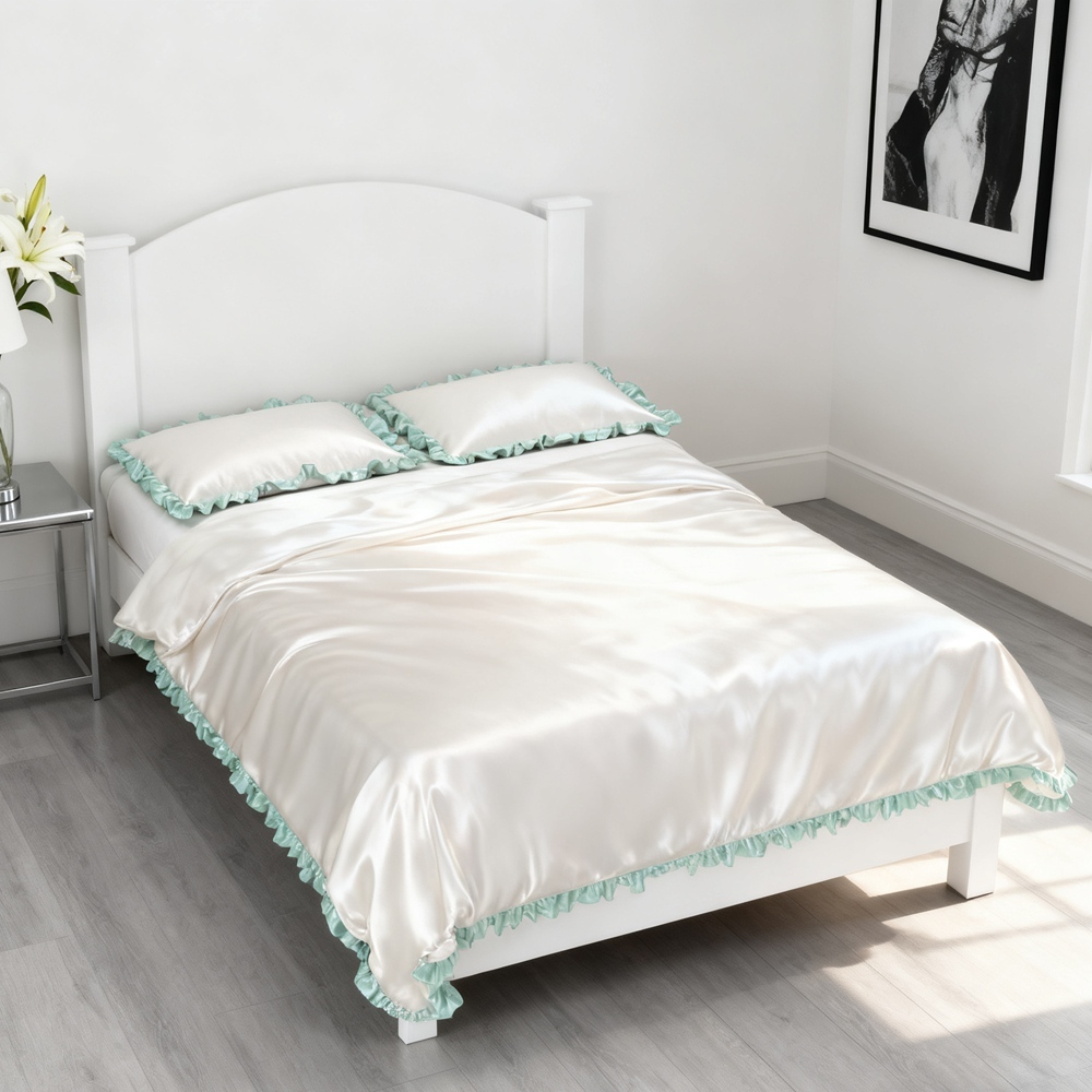 Silk Duvet Cover Set With Contrast Color Ruffled Edge