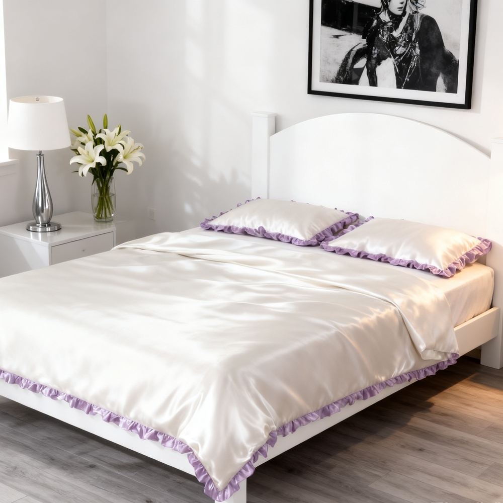 Silk Duvet Cover Set With Contrast Color Ruffled Edge