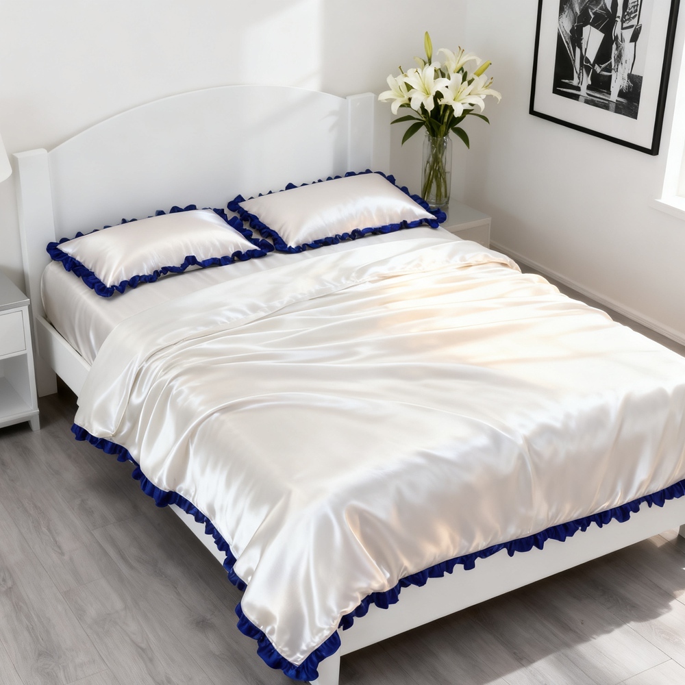 Silk Duvet Cover Set With Contrast Color Ruffled Edge