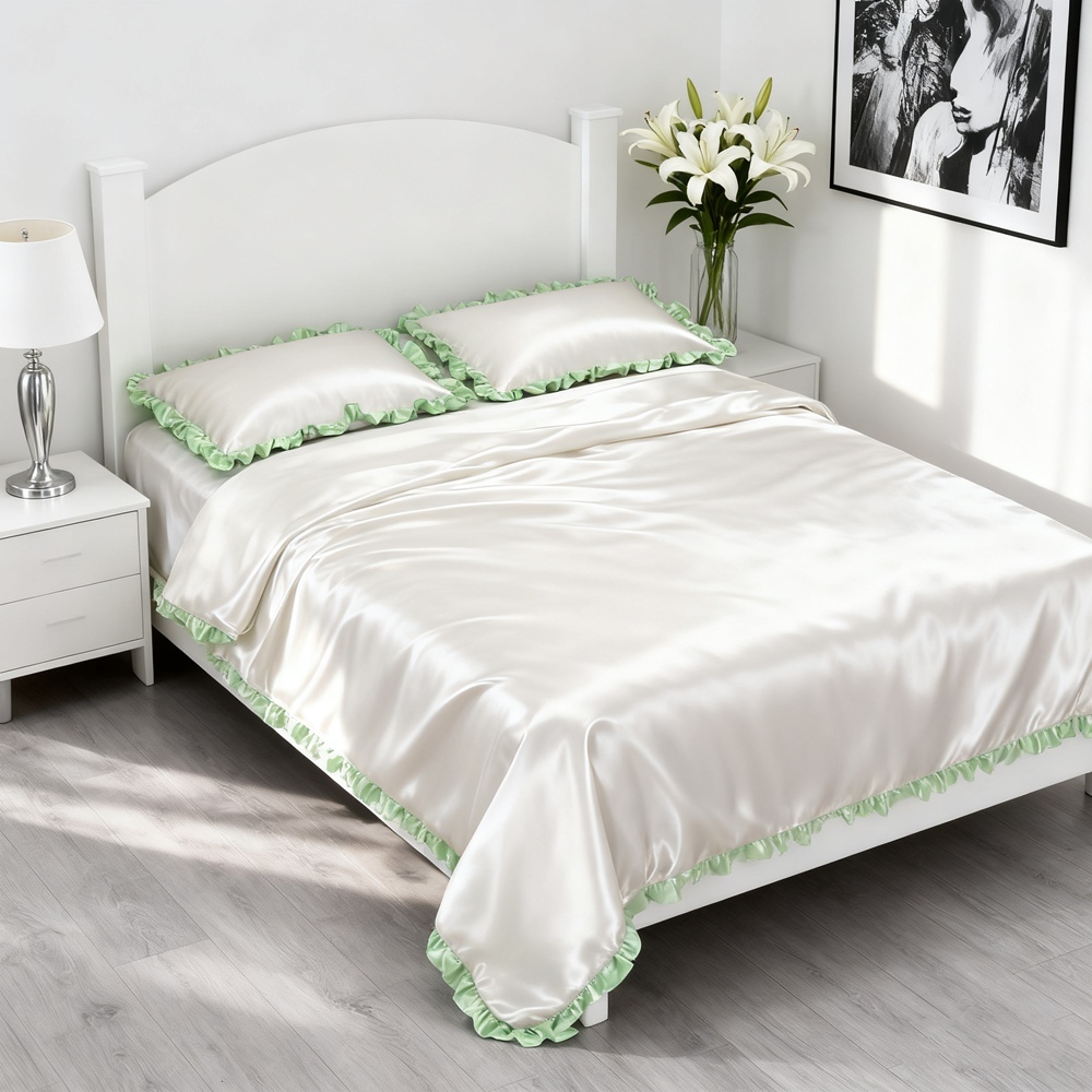 Silk Duvet Cover Set With Contrast Color Ruffled Edge
