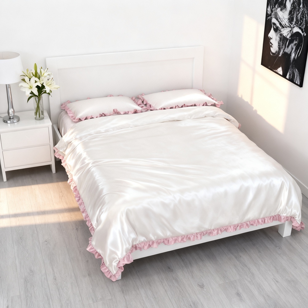 Silk Duvet Cover Set With Contrast Color Ruffled Edge