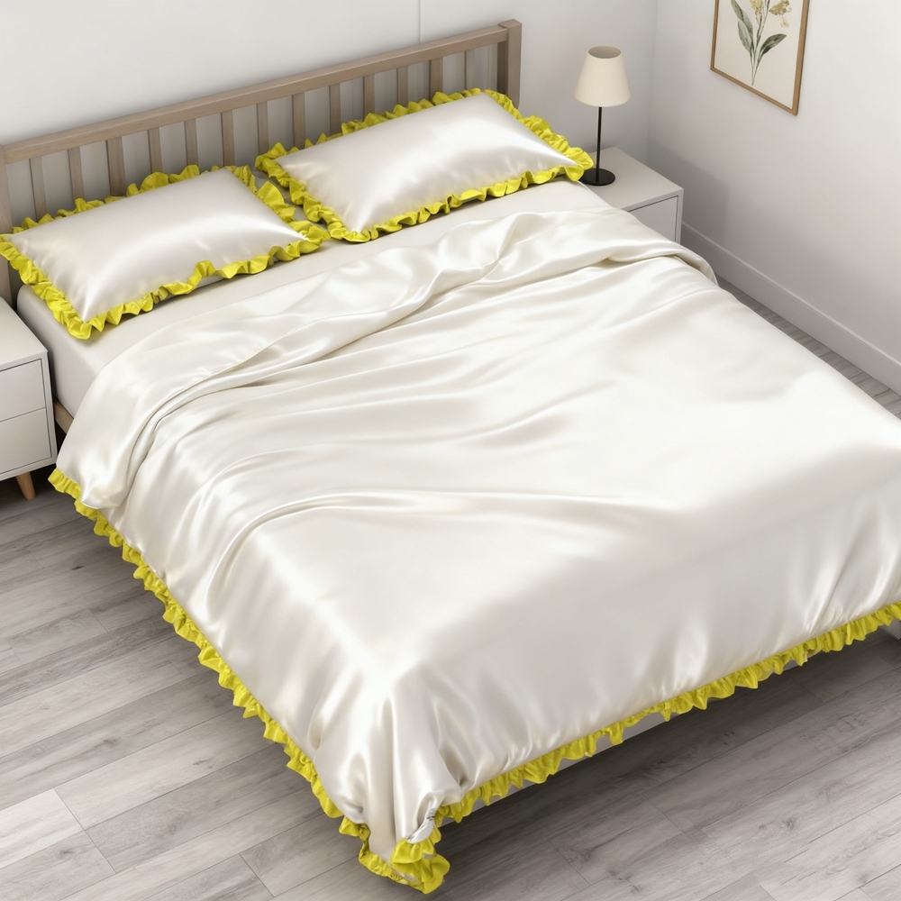 Silk Duvet Cover Set With Contrast Color Ruffled Edge