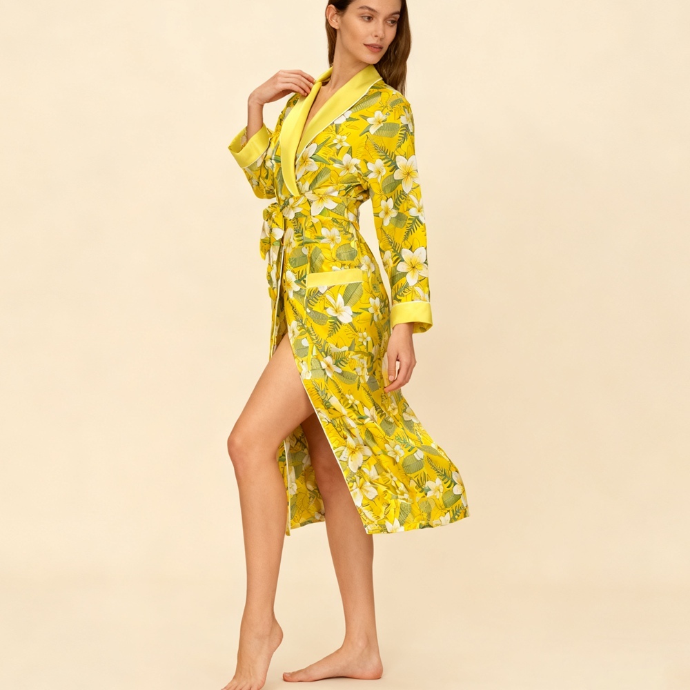 Yellow Floral Silk Dressing Gown
