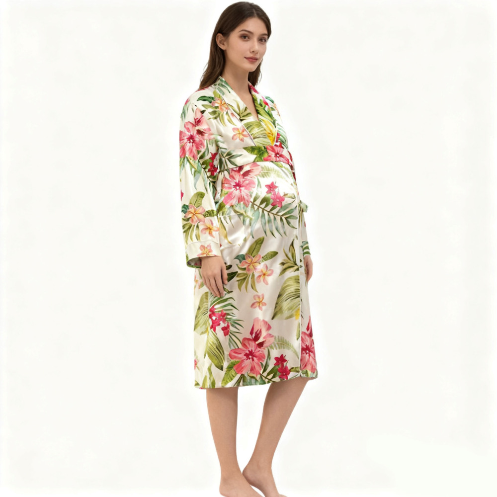 Maternity White Floral Silk Robe