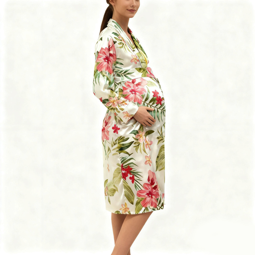 Maternity White Floral Silk Robe