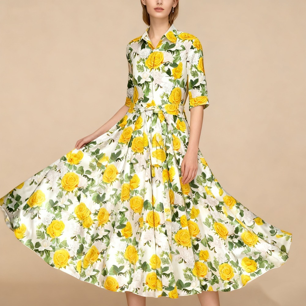Rose Print Silk Dress