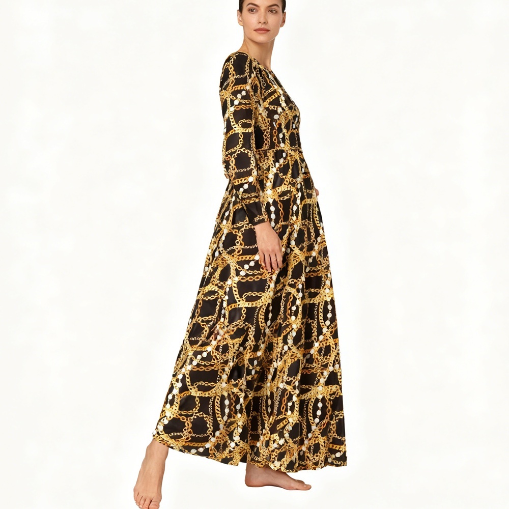 100% Silk Gold Chain Print Dress