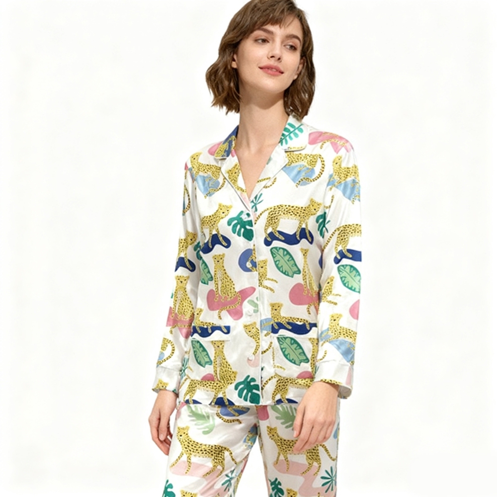Leopard Print 100% Silk Pajamas Set For Women