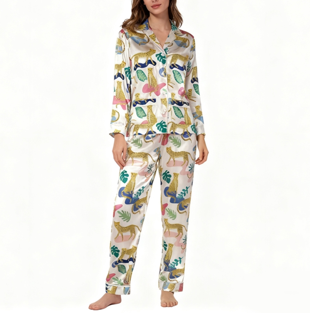 Leopard Print 100% Silk Pajamas Set For Women