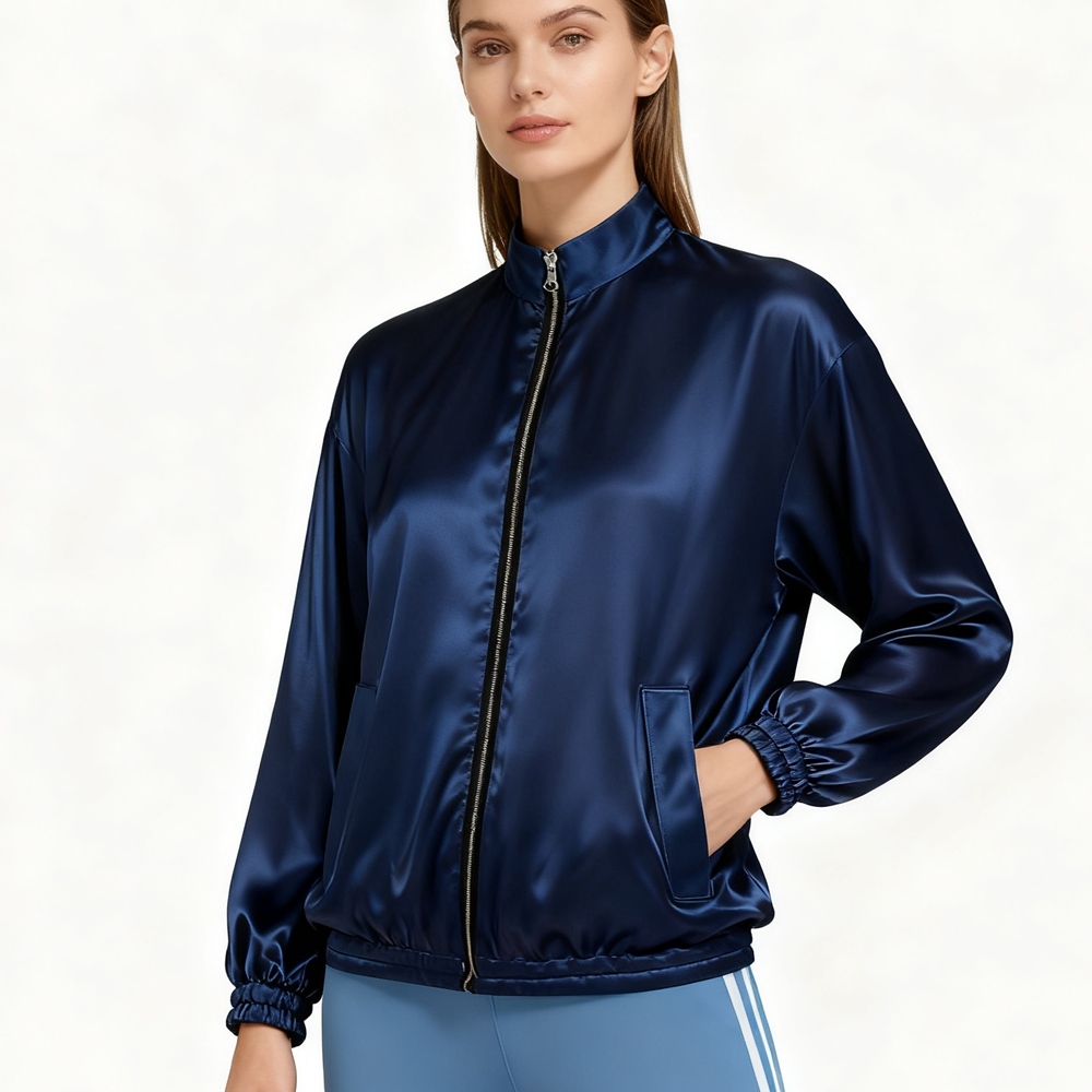 Women's 100% Mulberry Silk Funnel Neck Jacket Full Zipper
