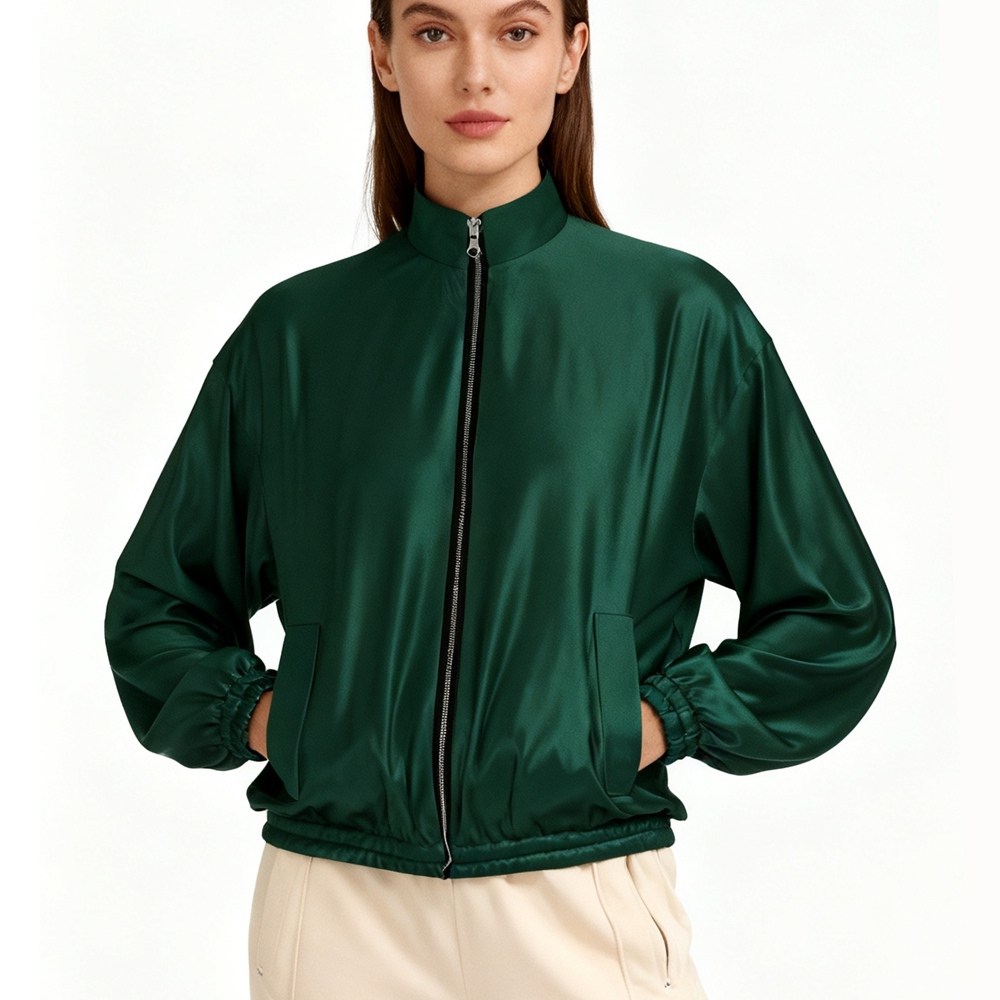 Women's 100% Mulberry Silk Funnel Neck Jacket Full Zipper