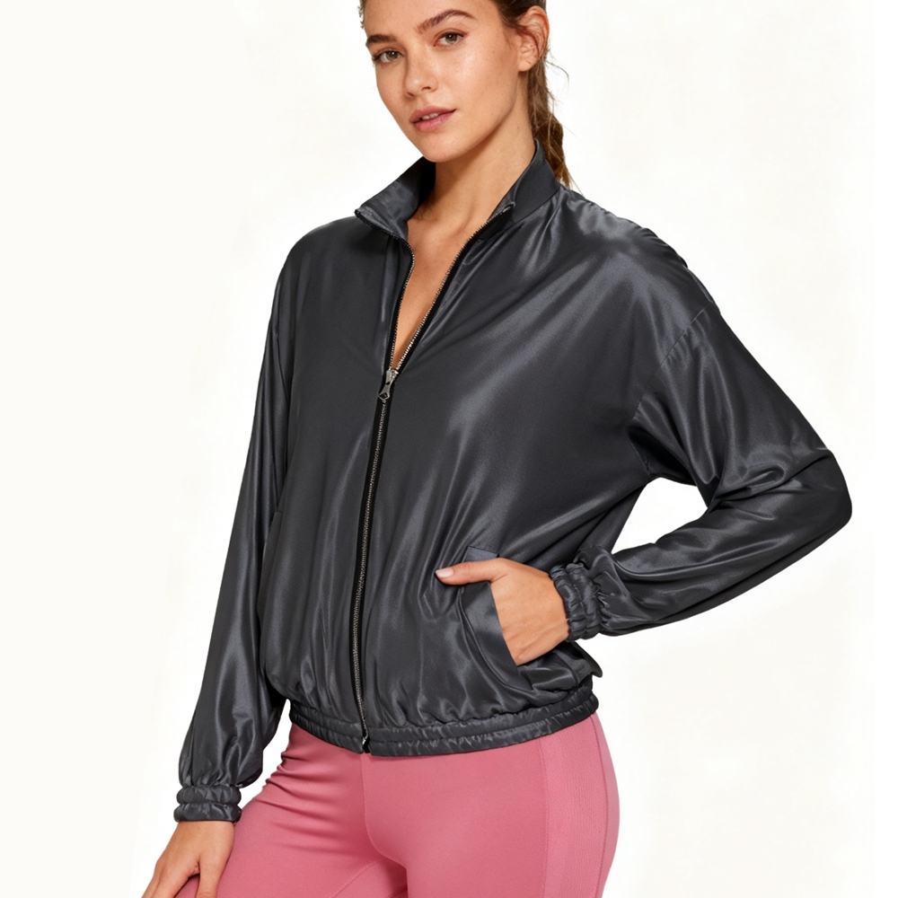 Women's 100% Mulberry Silk Funnel Neck Jacket Full Zipper