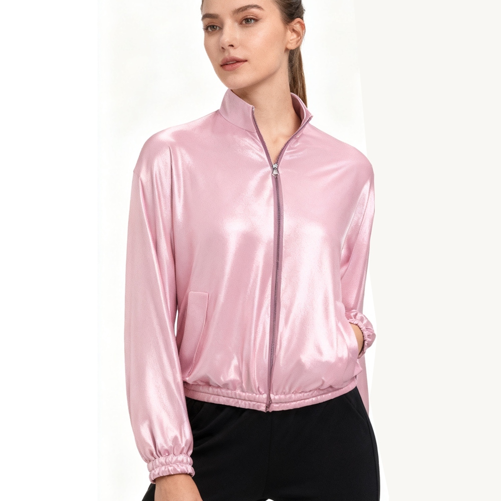 Women's 100% Mulberry Silk Funnel Neck Jacket Full Zipper