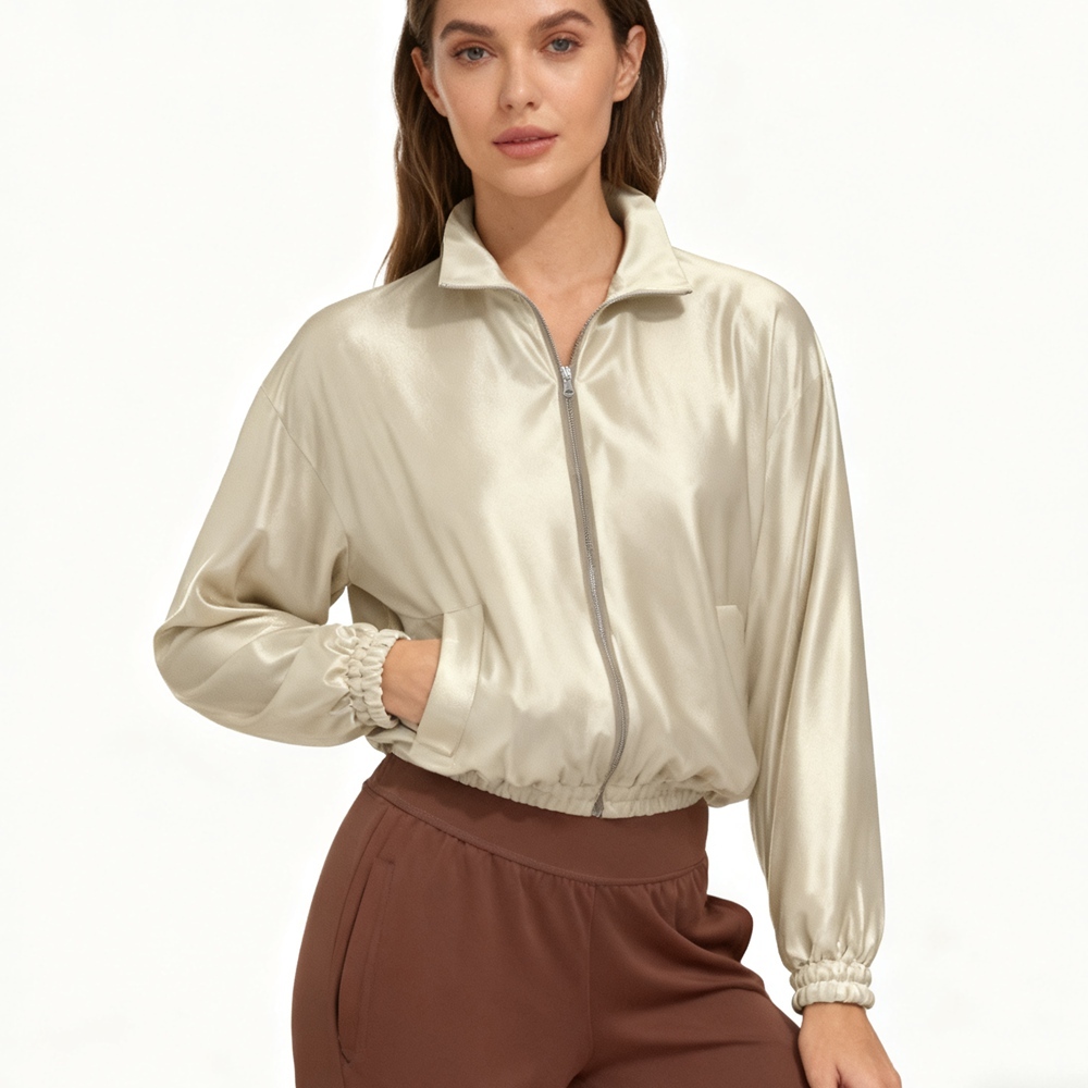 Women's 100% Mulberry Silk Funnel Neck Jacket Full Zipper