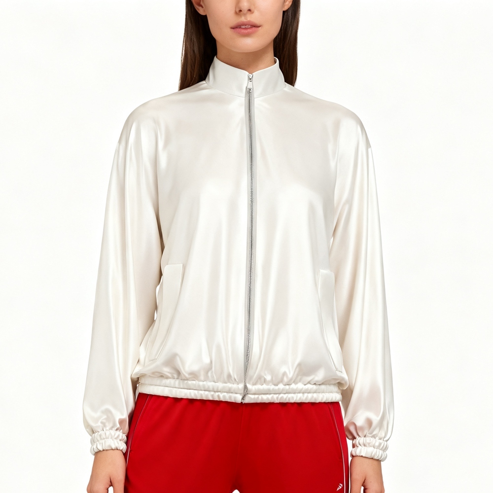 Women's 100% Mulberry Silk Funnel Neck Jacket Full Zipper