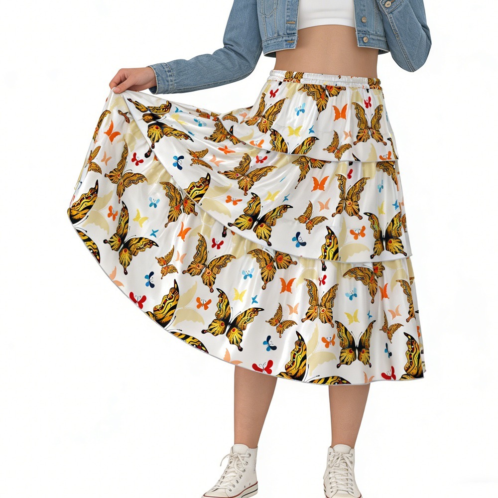 100% Silk Butterfly Print Tiered Midi Skirts Elastic Waist