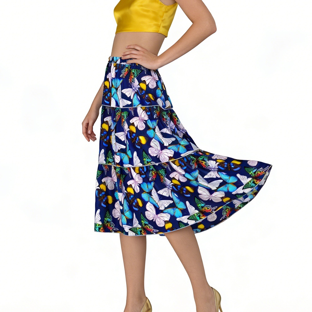 100% Silk Butterfly Print Tiered Midi Skirts Elastic Waist