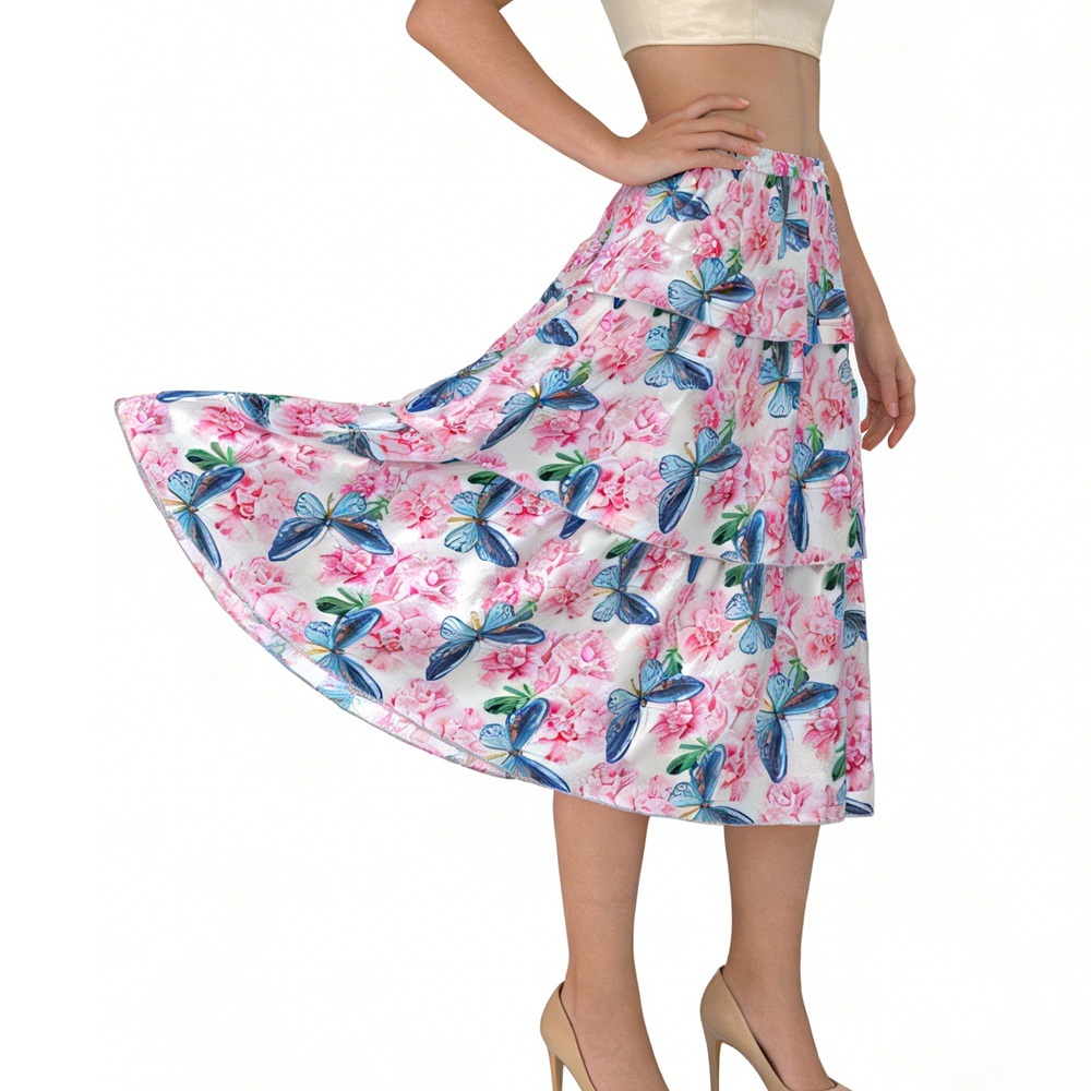 100% Silk Butterfly Print Tiered Midi Skirts Elastic Waist