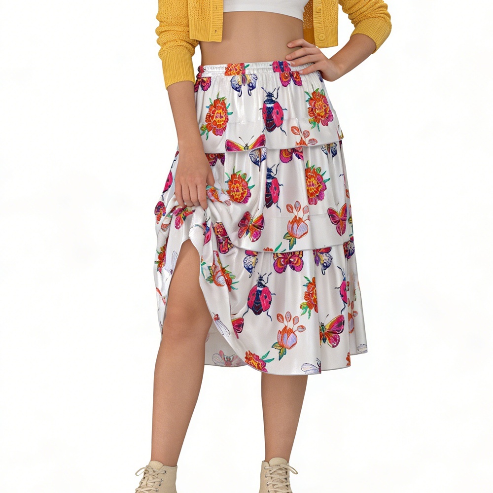 100% Silk Butterfly Print Tiered Midi Skirts Elastic Waist
