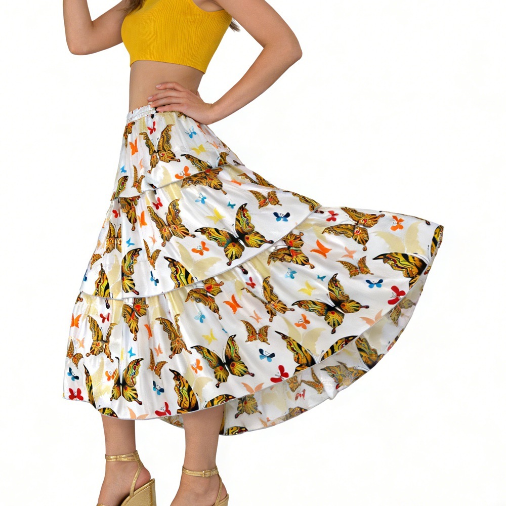 100% Silk Butterfly Print Tiered Midi Skirts Elastic Waist