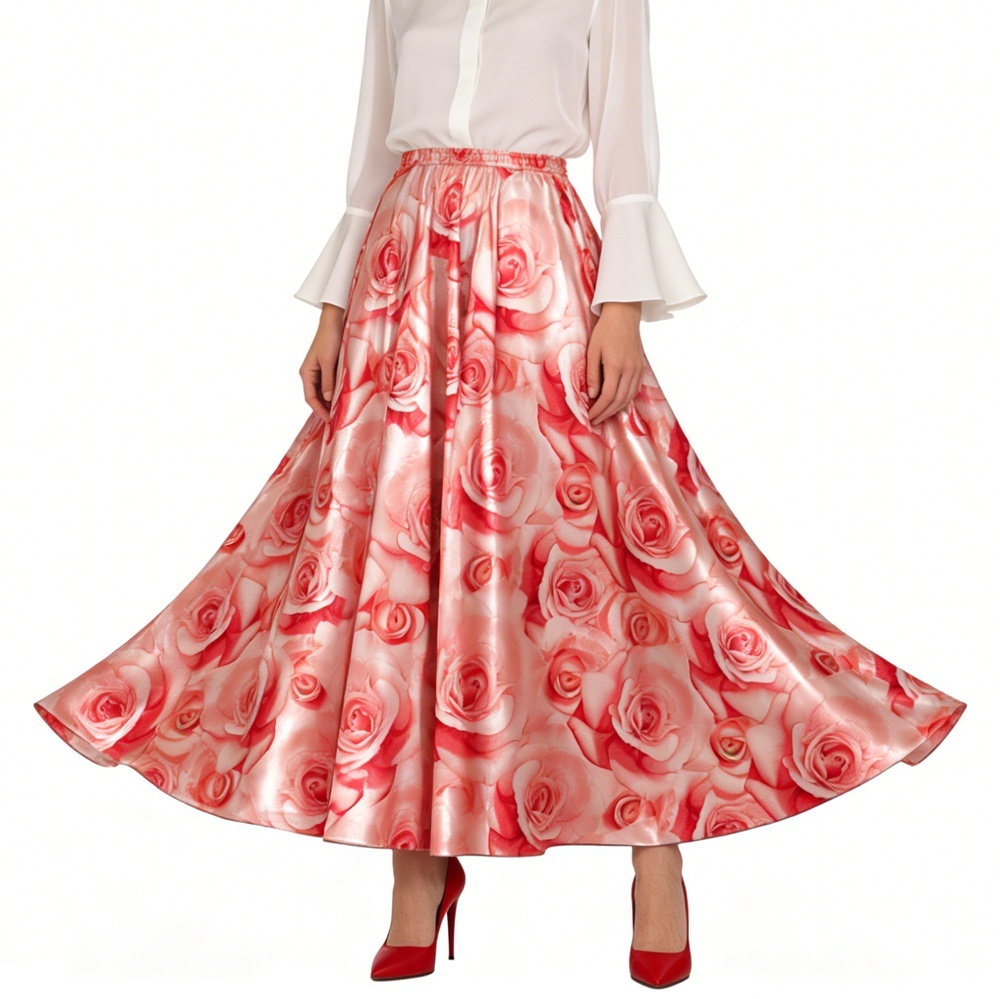 100% Silk Rose  Print Full Circle Ballgown Skirts Long