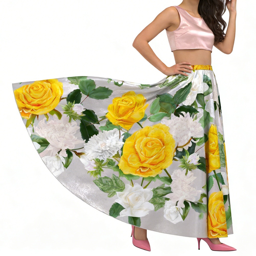 100% Silk Rose  Print Full Circle Ballgown Skirts Long