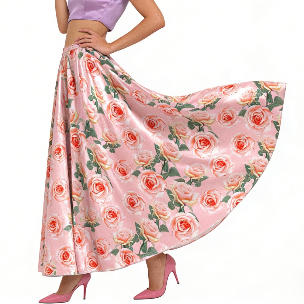 100% Silk Rose  Print Full Circle Ballgown Skirts Long