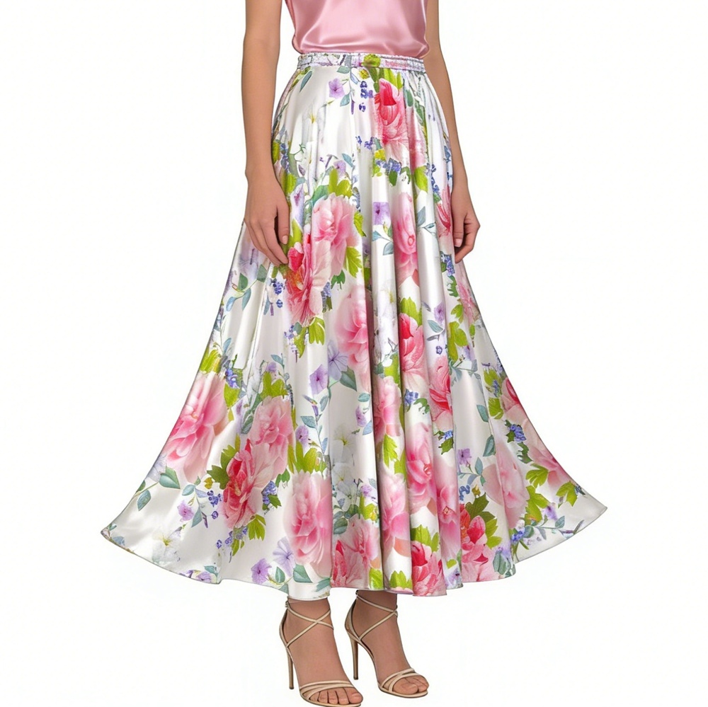 100% Silk Rose  Print Full Circle Ballgown Skirts Long