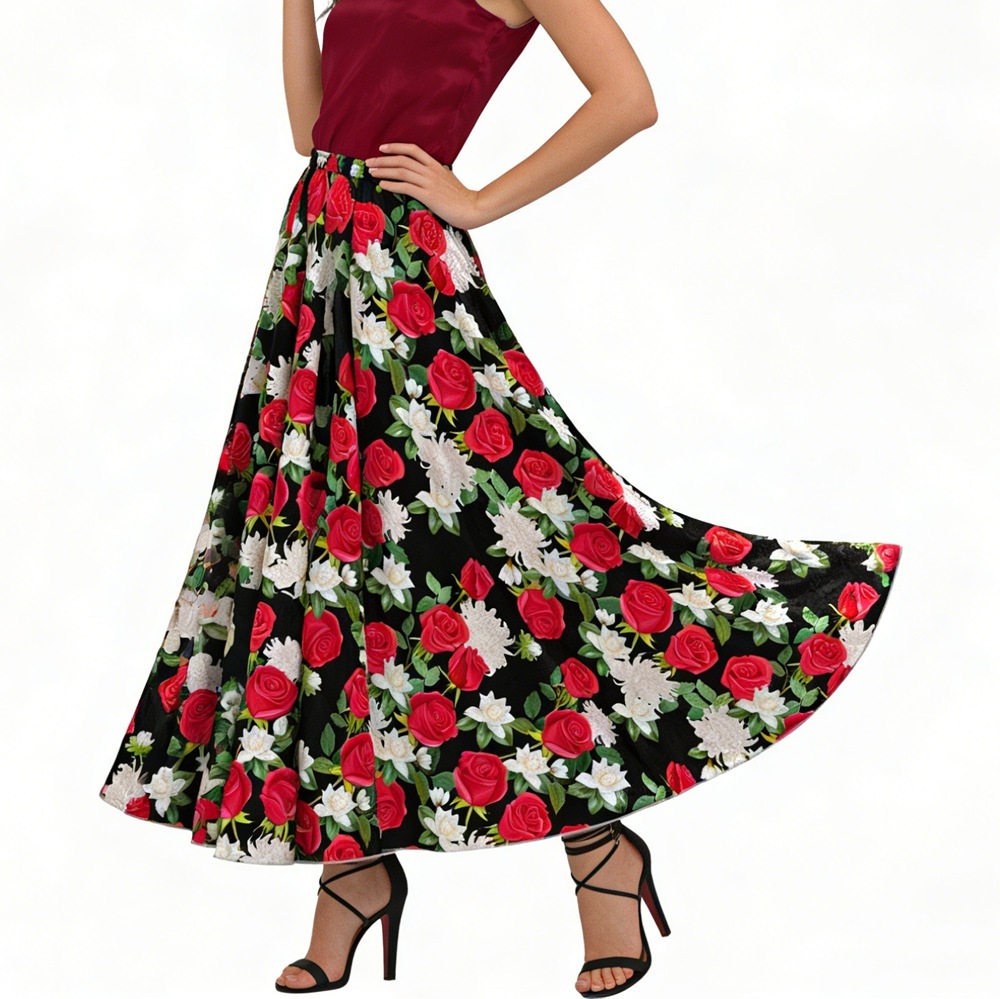 100% Silk Rose  Print Full Circle Ballgown Skirts Long