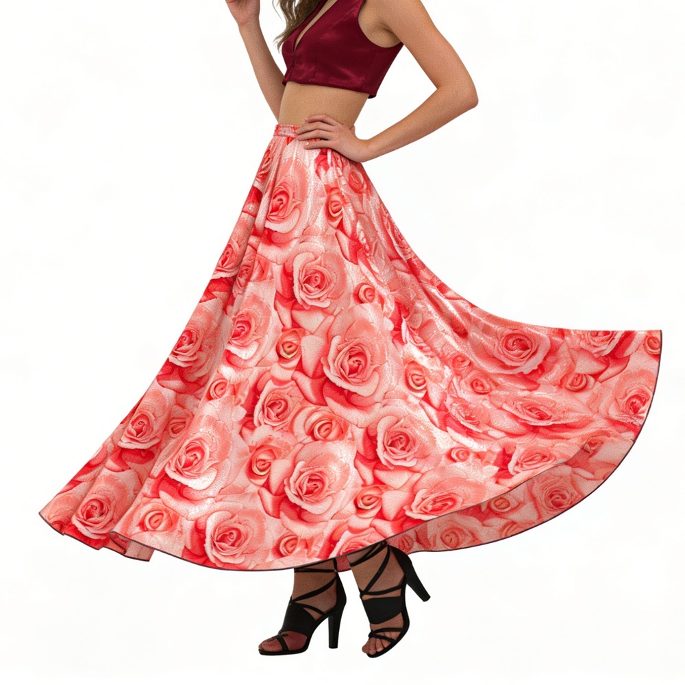 100% Silk Rose  Print Full Circle Ballgown Skirts Long