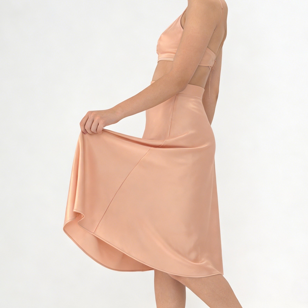 Women's 100% Mulberry Silk Charmeuse Flared Skirt Below Knee Zipper Waist